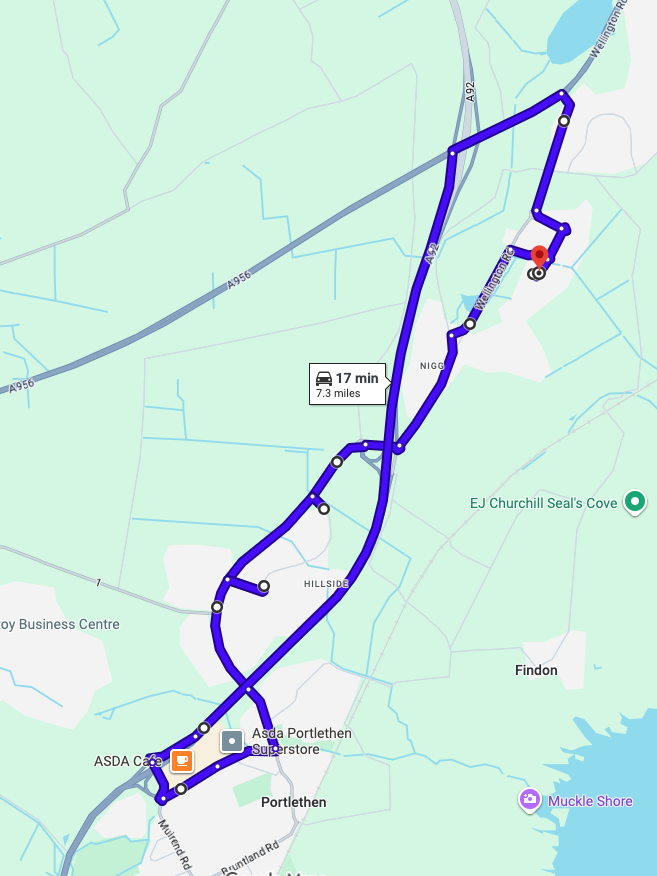 Aberdeen South (Cove) driving test routes shown on Google Maps