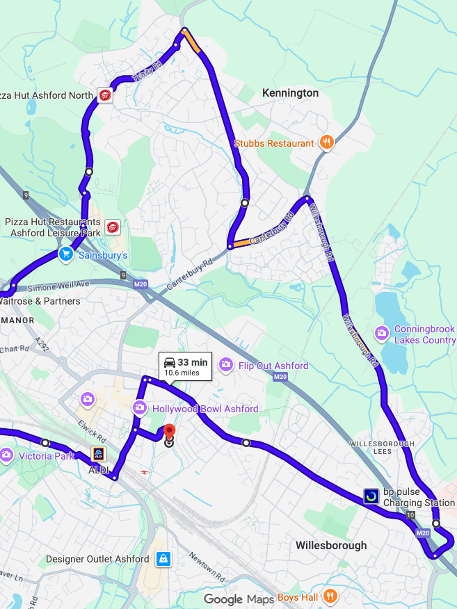 Ashford Kent driving test routes map showing tricky town centre roundabouts