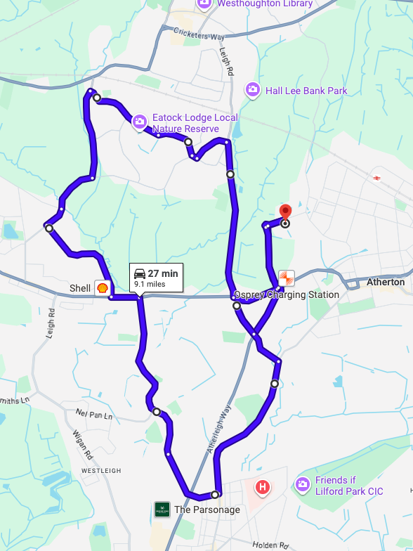 Atherton driving test routes shown on Google Maps