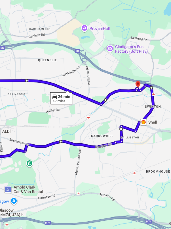 Baillieston driving test routes shown on Google Maps