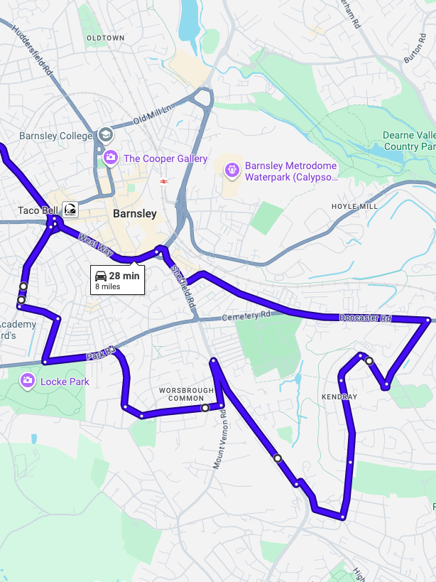 Barnsley driving test routes shown on Google Maps