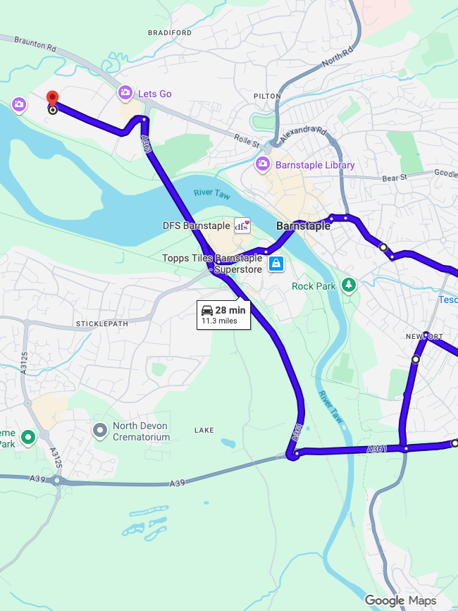Barnstaple driving test routes shown on Google Maps
