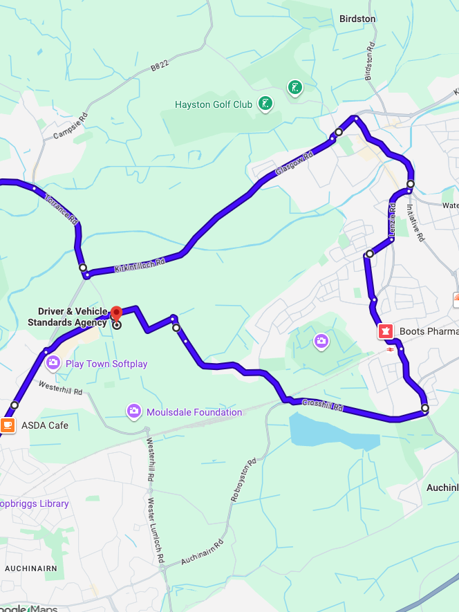 Bishopbriggs driving test routes shown on Google Maps
