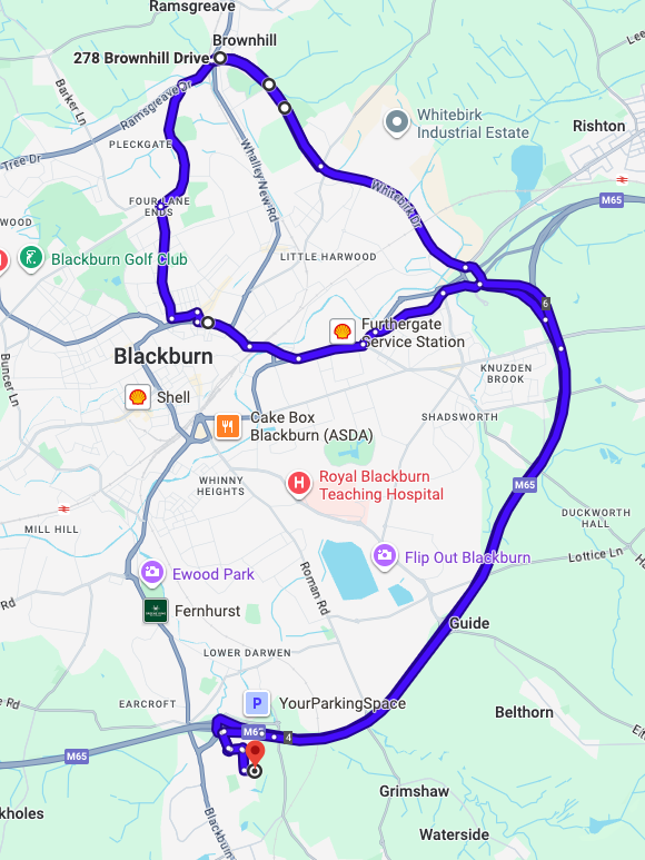 Blackburn with Darwen driving test routes shown on Google Maps