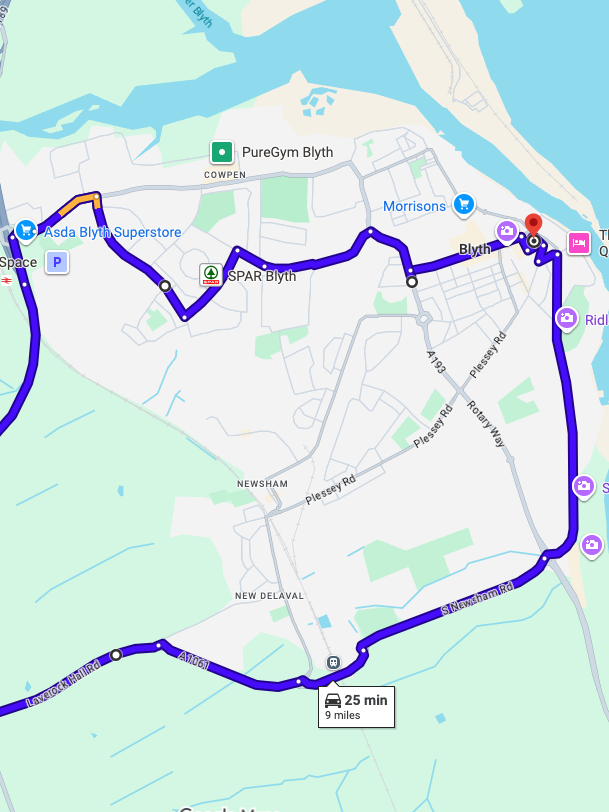 Blyth driving test routes shown on Google Maps