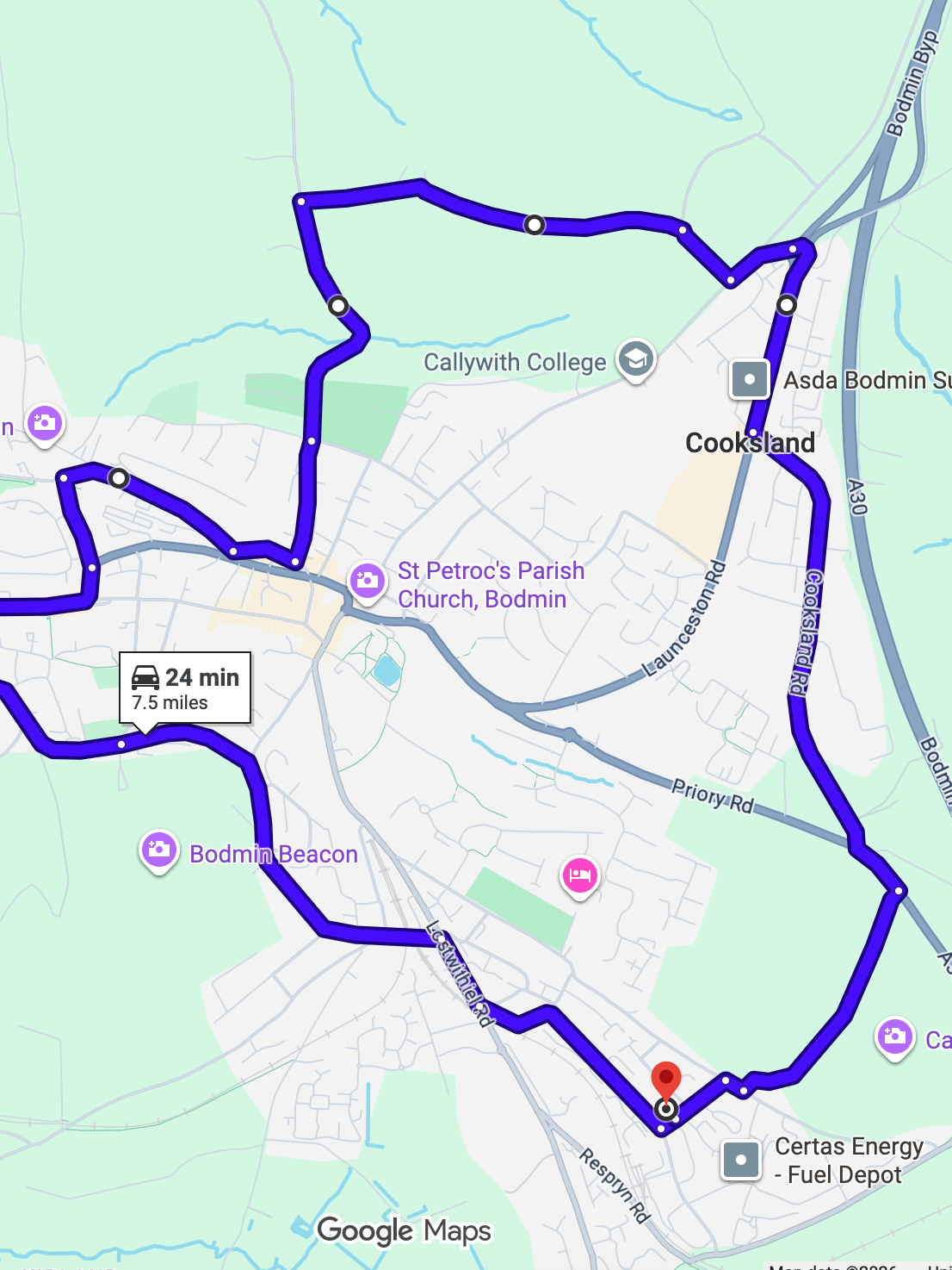 Bodmin driving test routes shown on Google Maps
