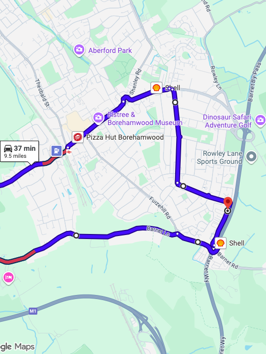 Borehamwood (London)  driving test routes shown on Google Maps

