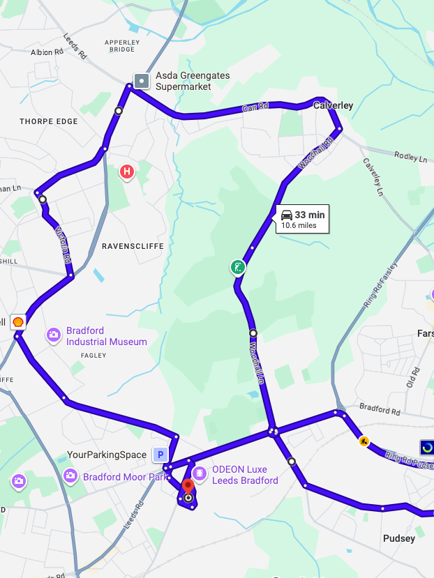 Bradford (Thornbury) driving test routes shown on Google Maps
