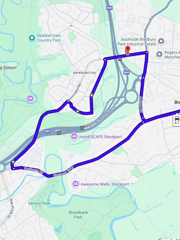 Bredbury driving test routes shown on Google Maps