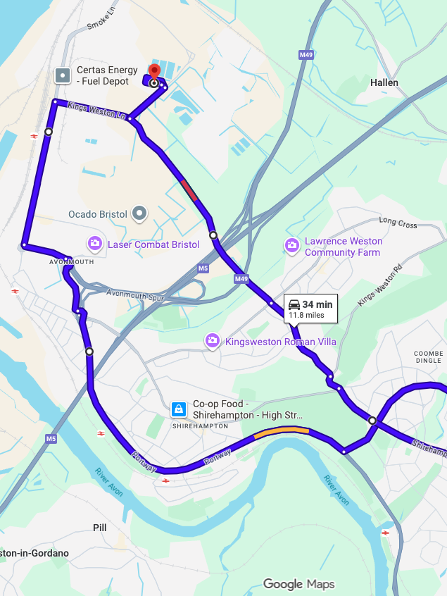 Bristol (Avonmouth) driving test routes shown on Google Maps
