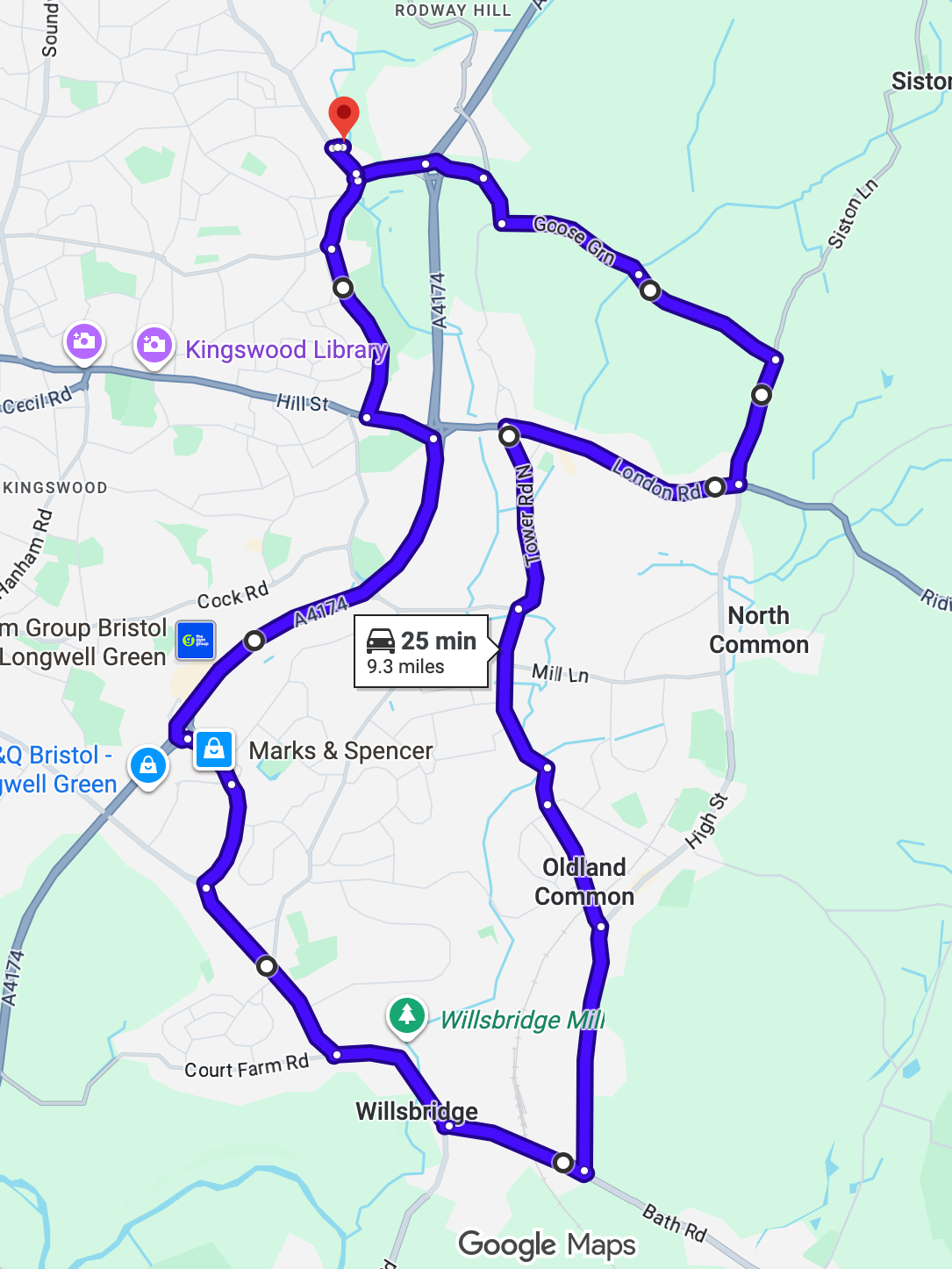 Bristol (Kingswood) driving test routes shown on Google Maps

