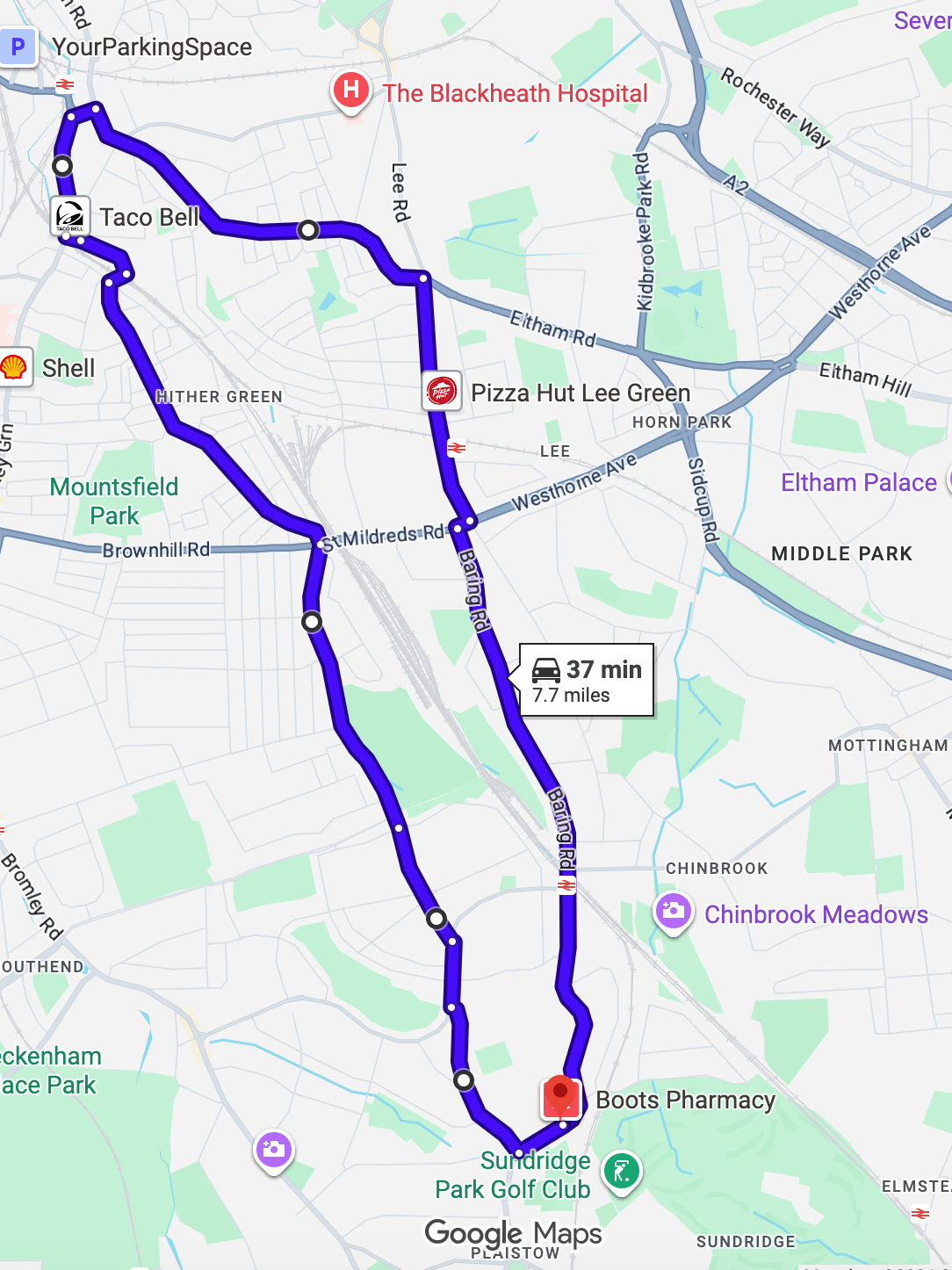 Bromley (London)  driving test routes shown on Google Maps