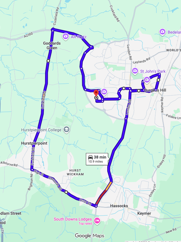 Burgess Hill driving test routes map showing tricky West Sussex roundabout systems