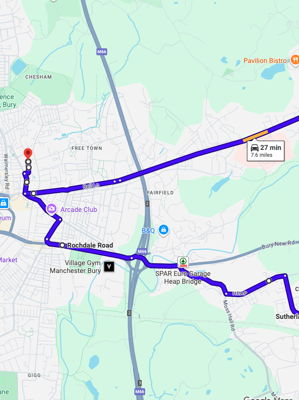 Bury driving test routes shown on Google Maps