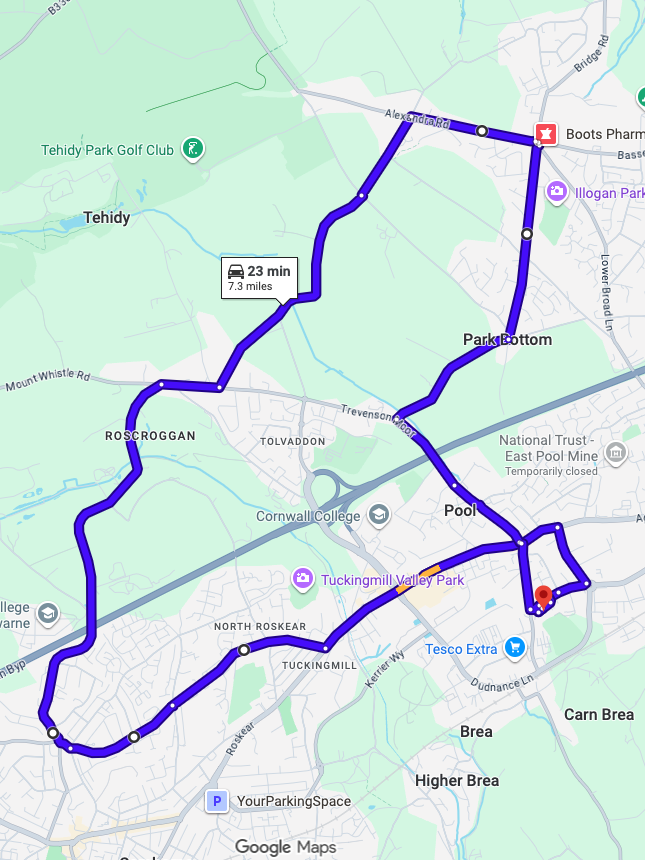 Camborne driving test routes shown on Google Maps
