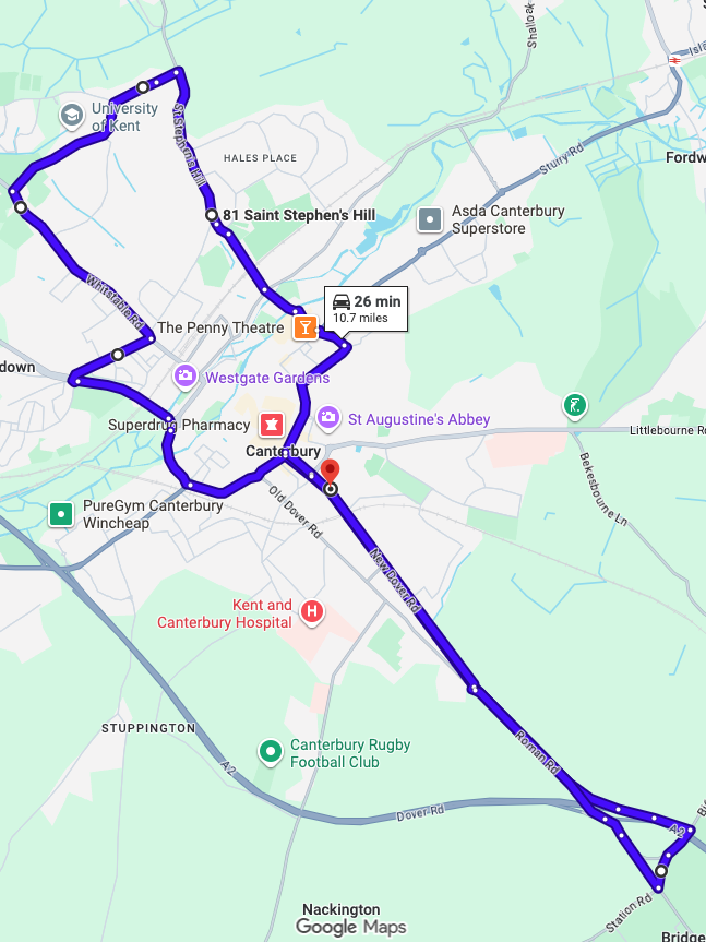 Canterbury driving test routes map showing tricky historic city centre junctions