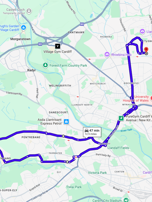 Cardiff (Llanishen) driving test routes shown on Google Maps