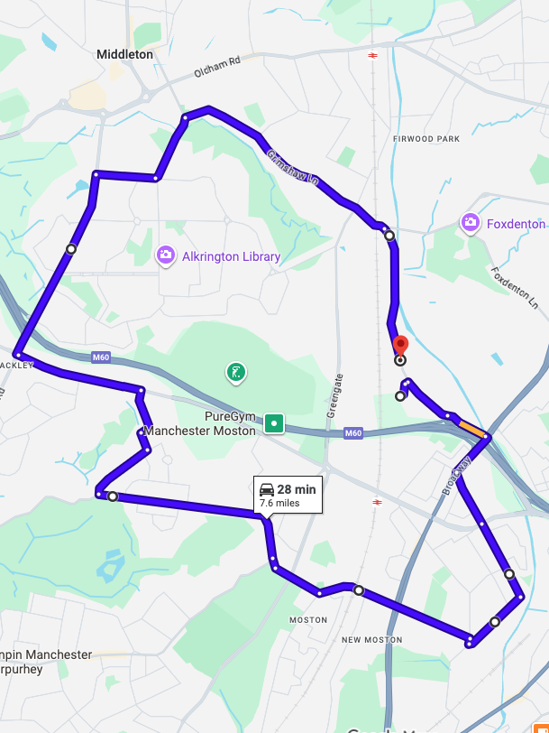 Chadderton driving test routes shown on Google Maps