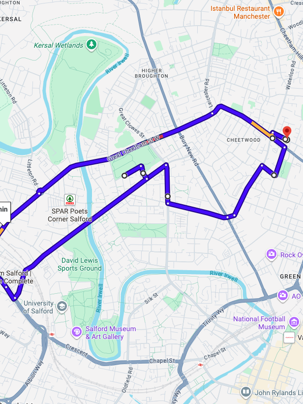 Cheetham Hill driving test routes shown on Google Maps