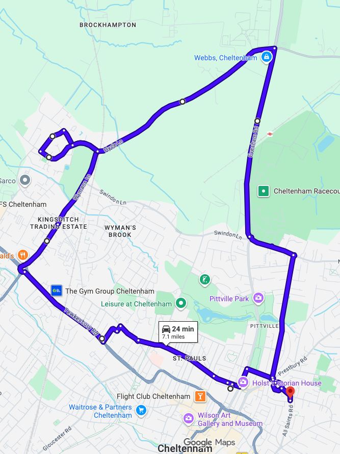 Cheltenham driving test routes shown on Google Maps
