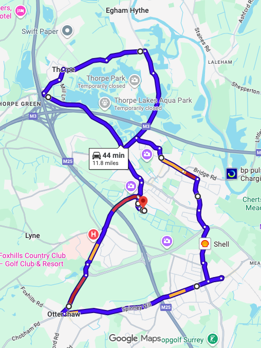 Chertsey (London) driving test routes shown on Google Maps