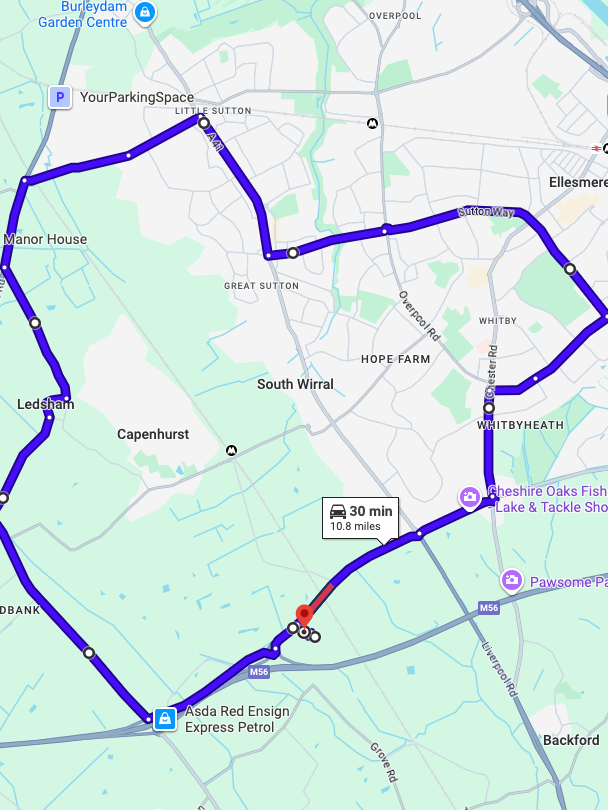 Chester driving test routes shown on Google Maps