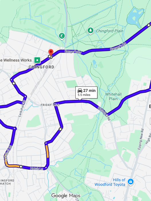 Chingford (London)  driving test routes shown on Google Maps
