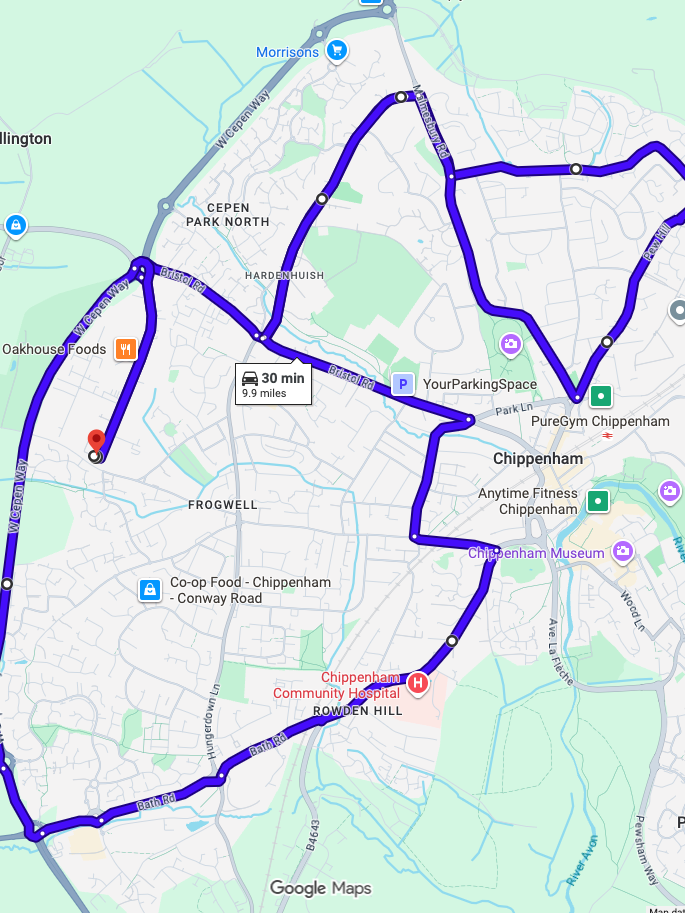 Chippenham driving test routes shown on Google Maps
