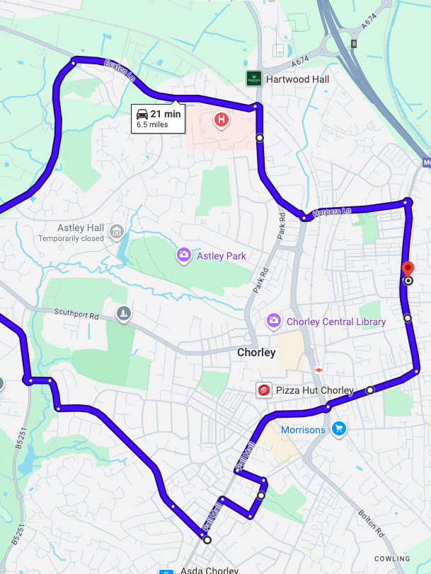 Chorley driving test routes shown on Google Maps