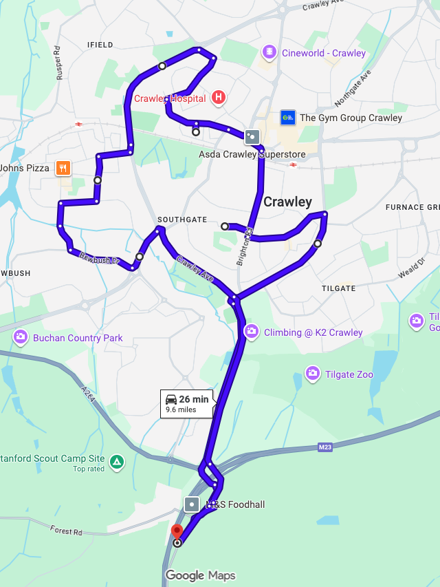 Crawley driving test routes map showing complex roundabout systems near Gatwick