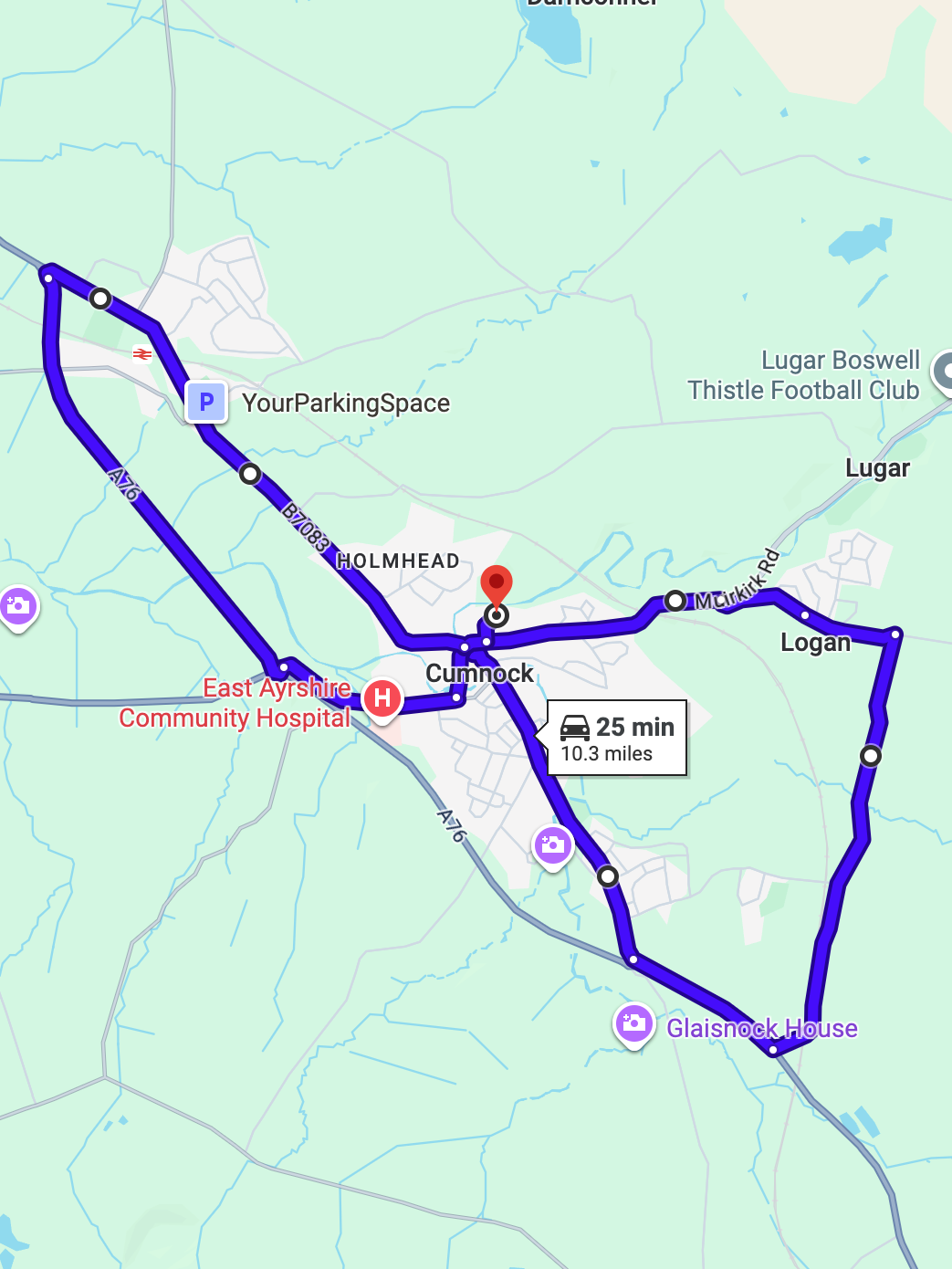 Cumnock driving test routes shown on Google Maps