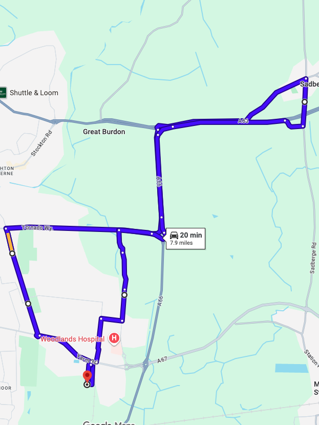 Darlington driving test routes shown on Google Maps