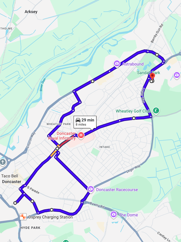 Doncaster driving test routes shown on Google Maps

