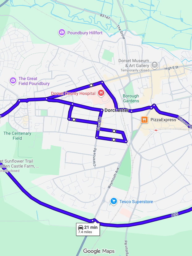 Dorchester driving test routes shown on Google Maps
