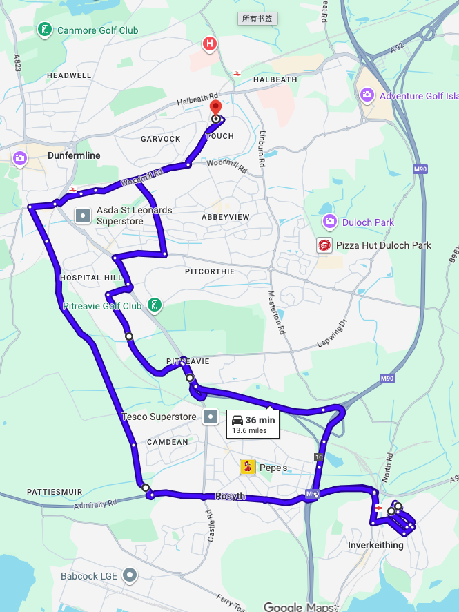 Dunfermline driving test routes shown on Google Maps