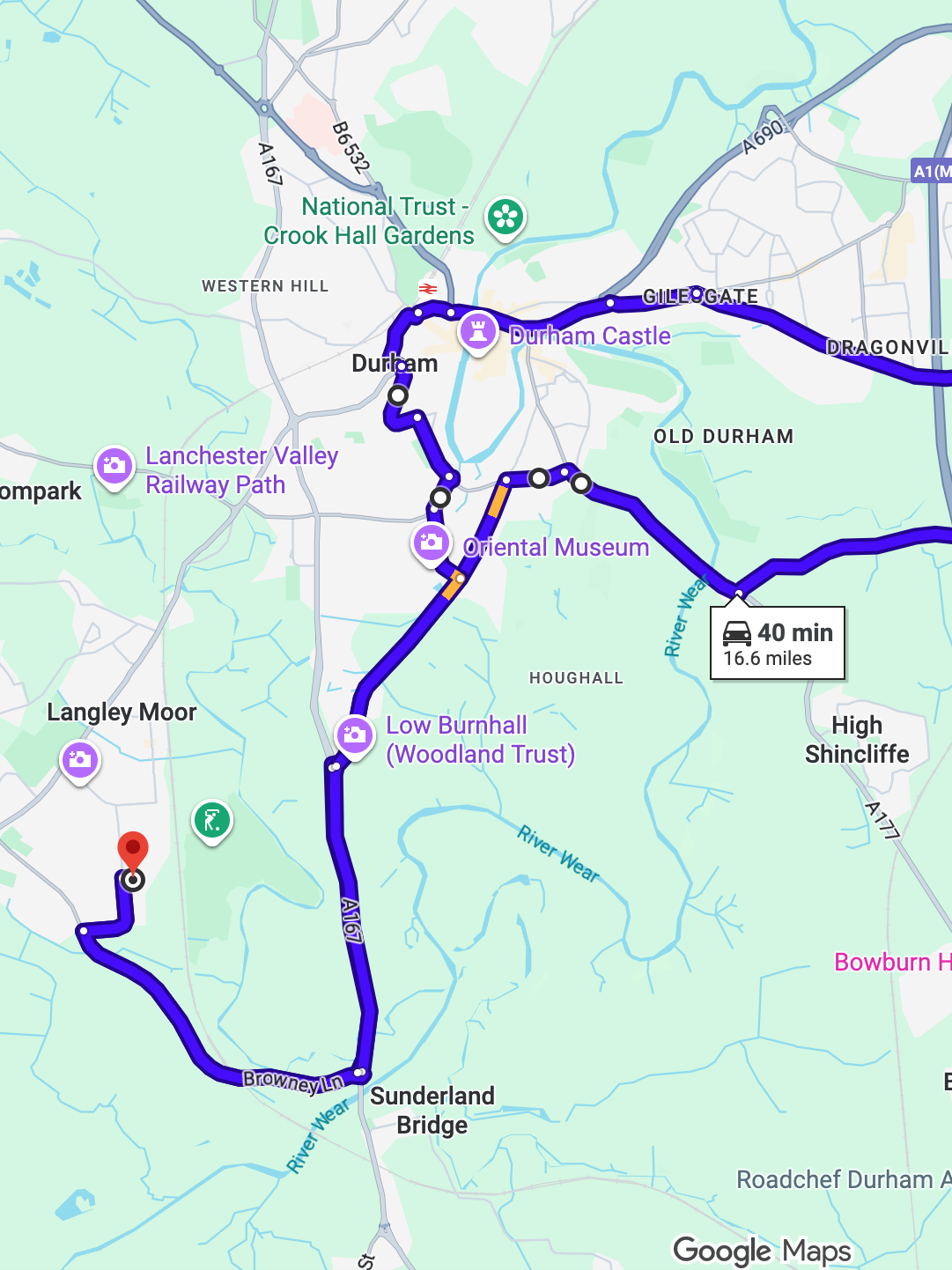 Durham driving test routes shown on Google Maps