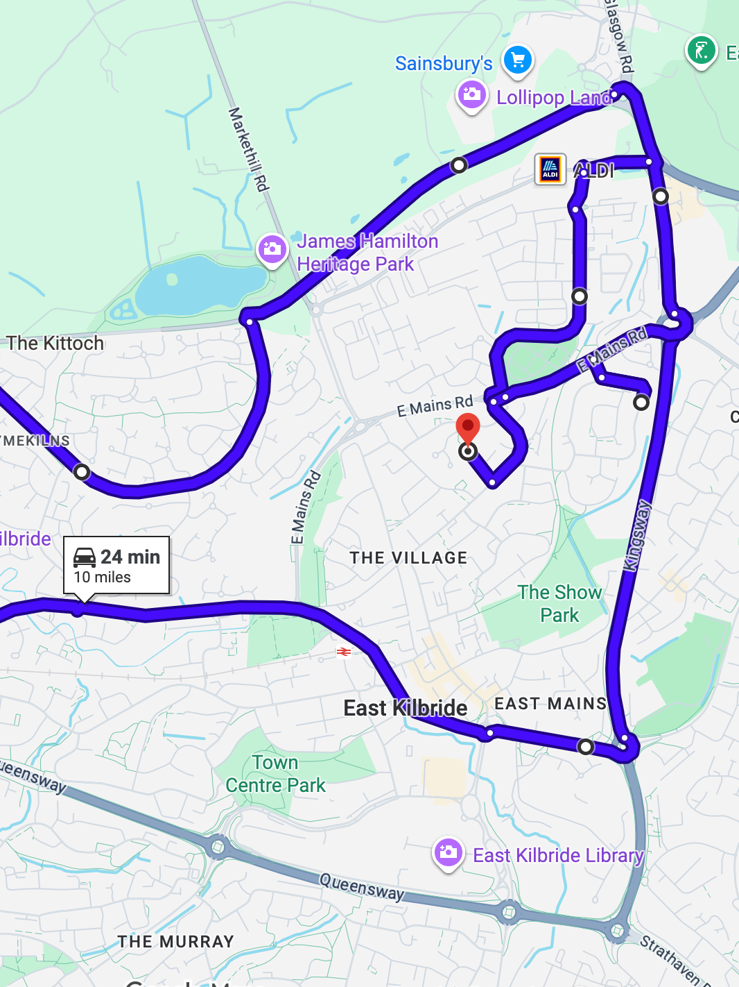 East Kilbride driving test routes shown on Google Maps