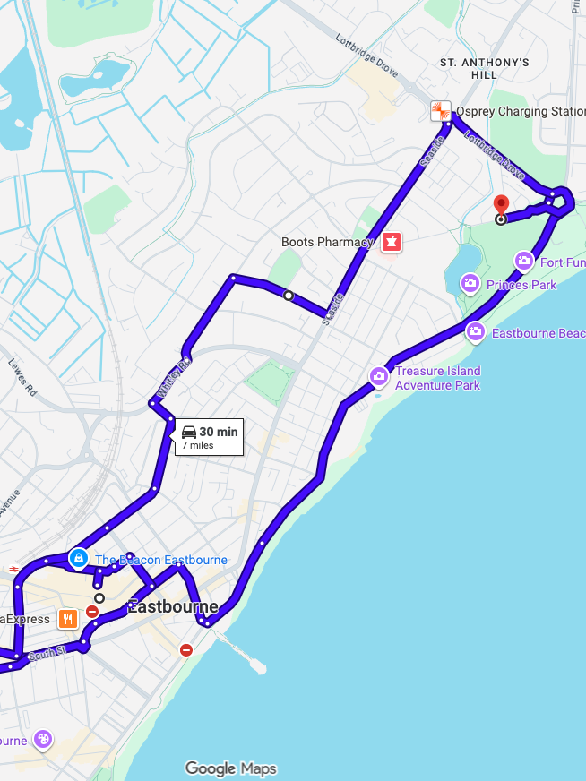 Eastbourne driving test routes map showing complex coastal town roundabout systems