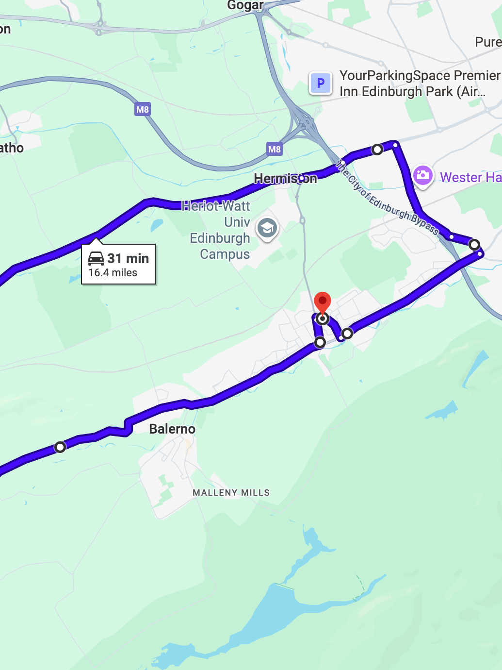 Edinburgh (Currie) driving test routes shown on Google Maps