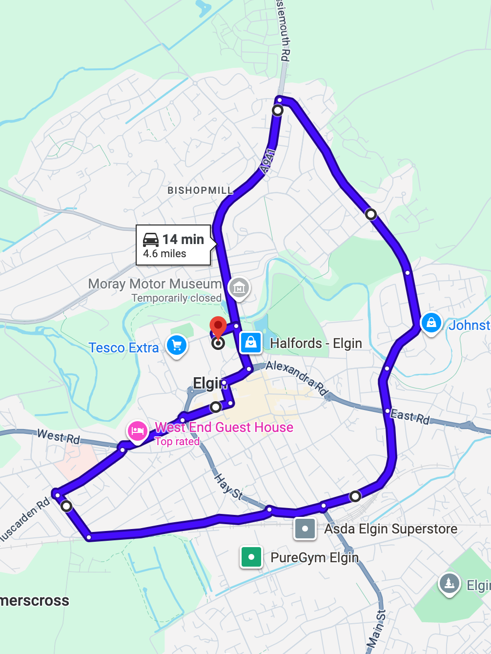 Elgin driving test routes shown on Google Maps