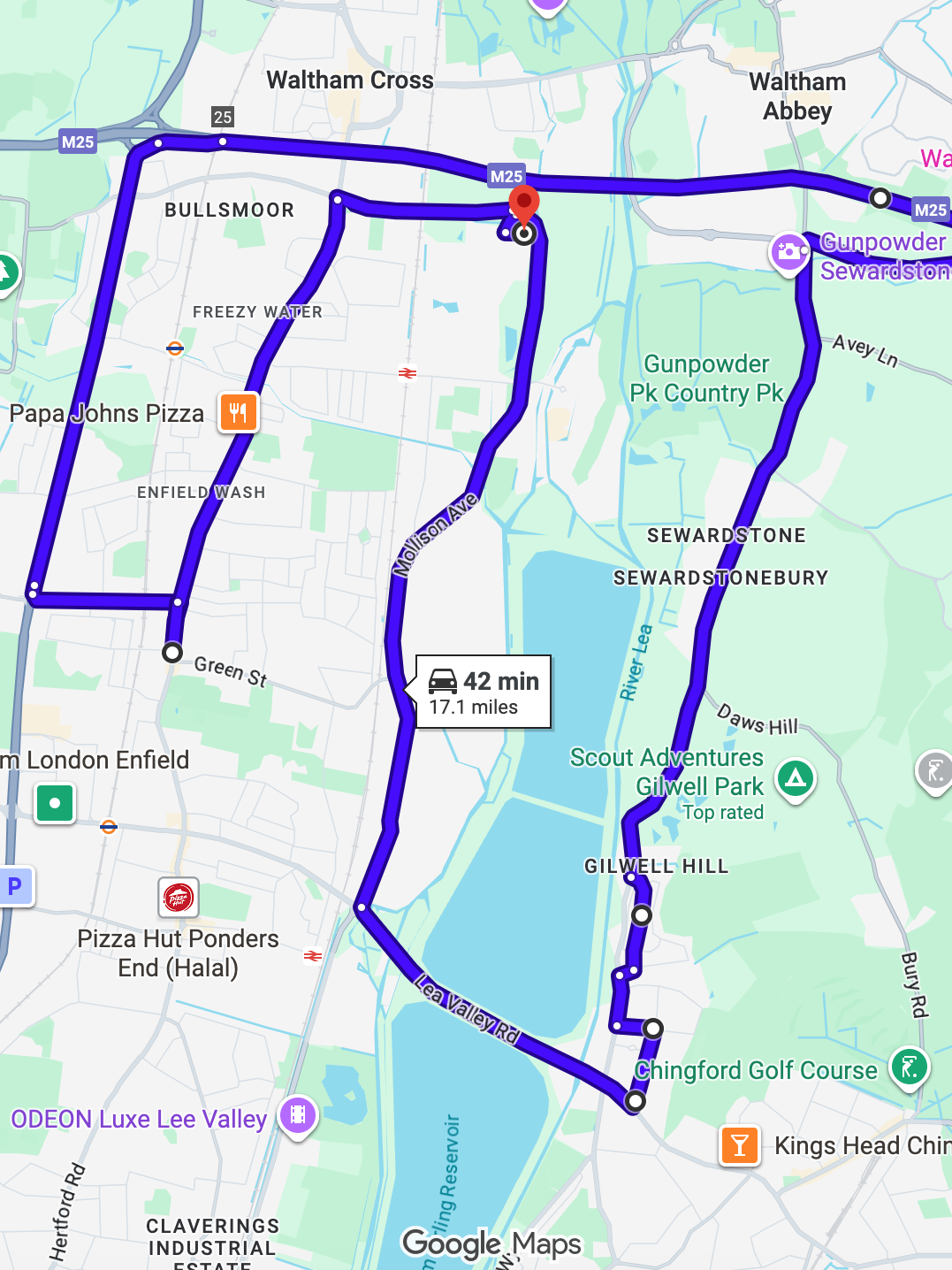 Enfield (Innova Business Park) driving test routes shown on Google Maps