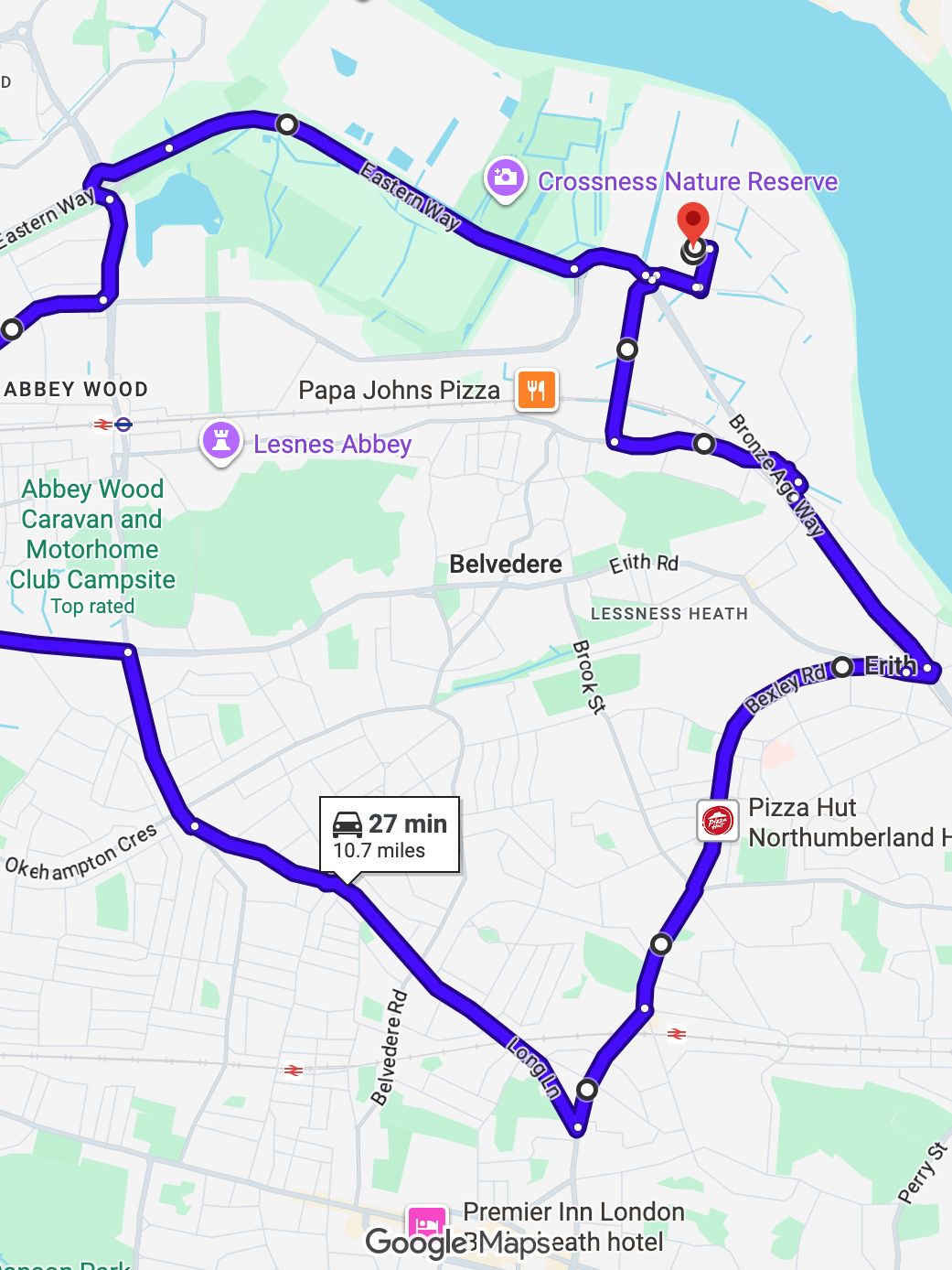 Erith (London) driving test routes shown on Google Maps