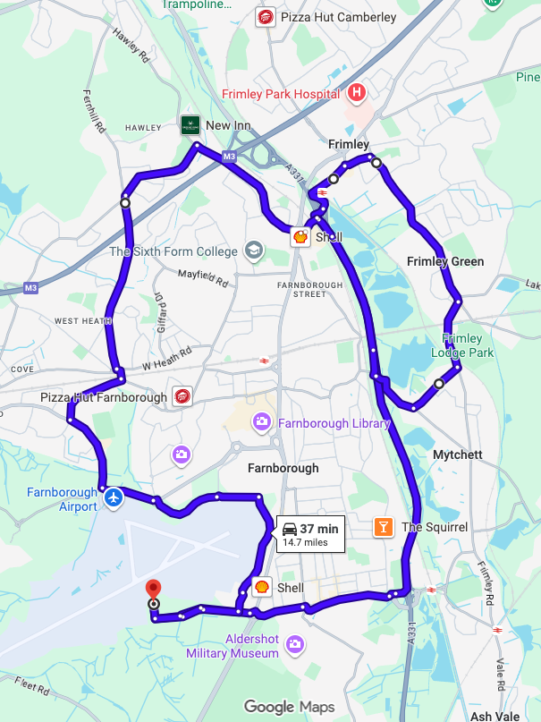 Farnborough driving test routes map showing complex Hampshire roundabout systems