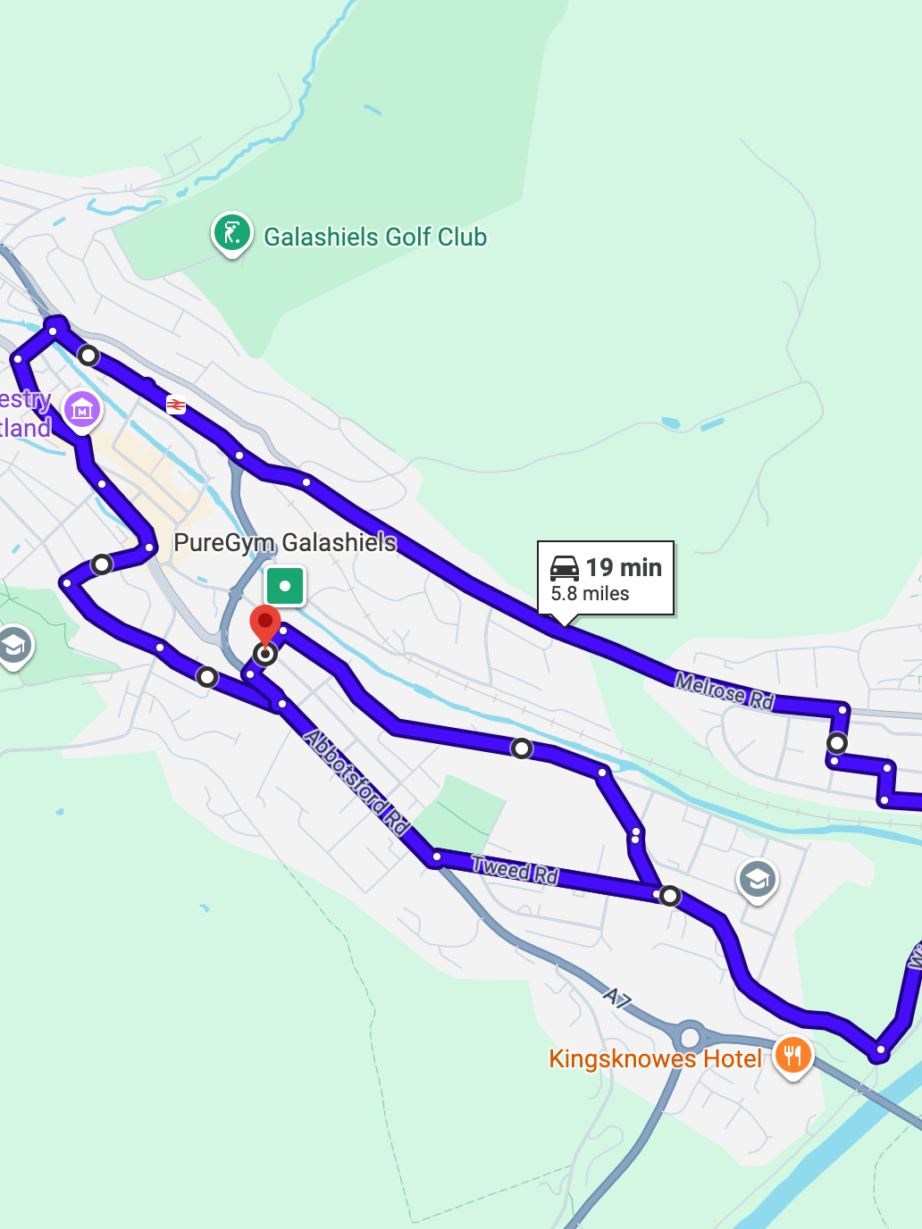 Galashiels driving test routes shown on Google Maps