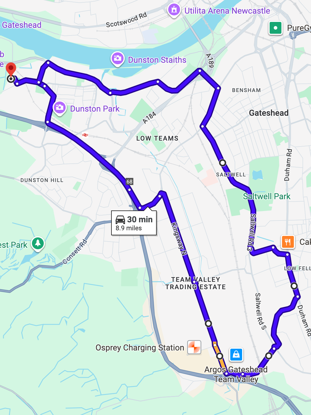Gateshead driving test routes shown on Google Maps