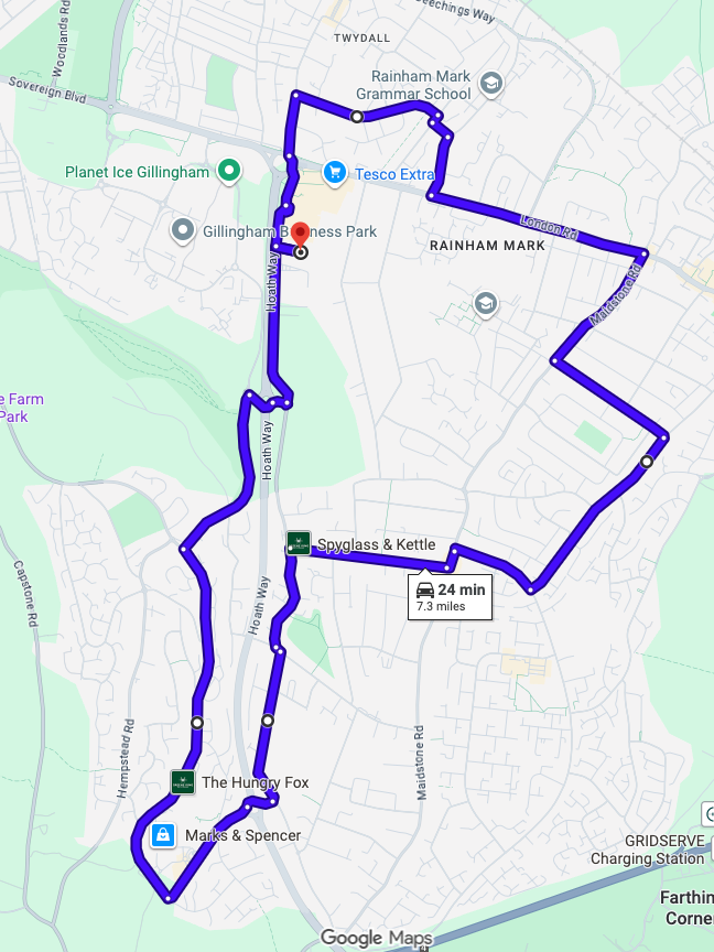 Gillingham Kent driving test routes map showing complex Bowaters roundabout systems