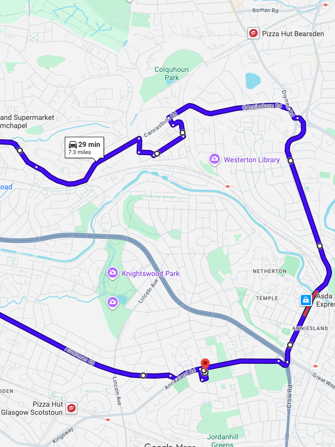 Glasgow (Anniesland) driving test routes shown on Google Maps