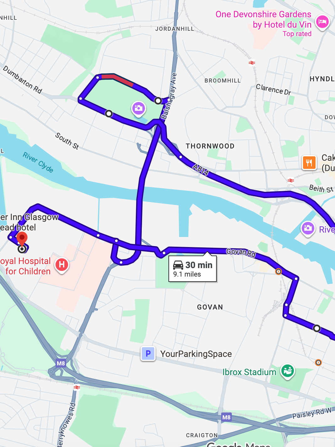 Glasgow Glasgow (Shieldhall) driving test routes shown on Google Maps