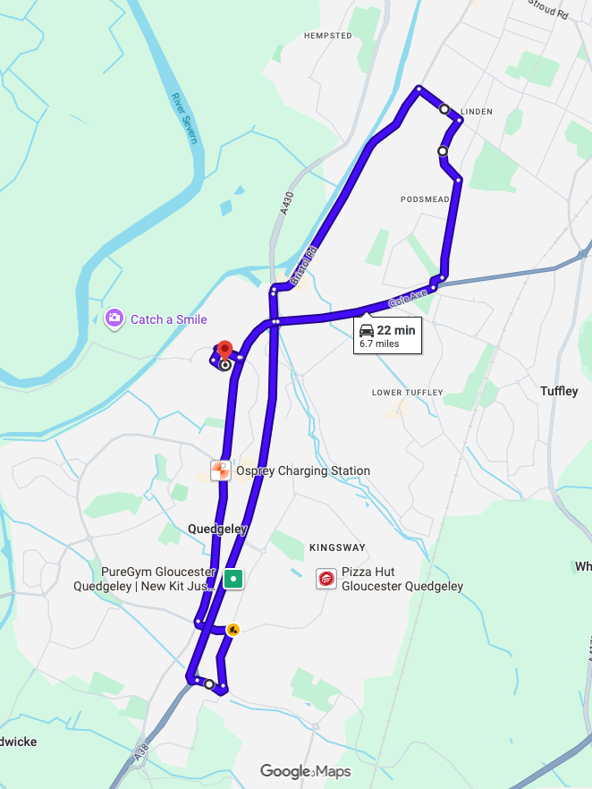 Gloucester driving test routes shown on Google Maps
