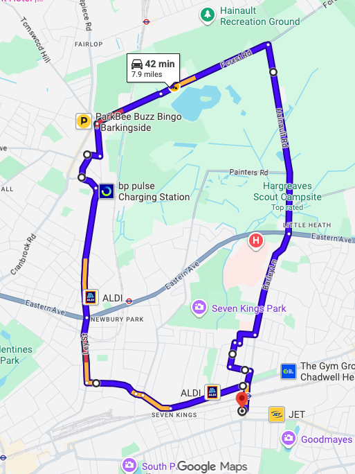 Goodmayes (London) driving test routes shown on Google Maps